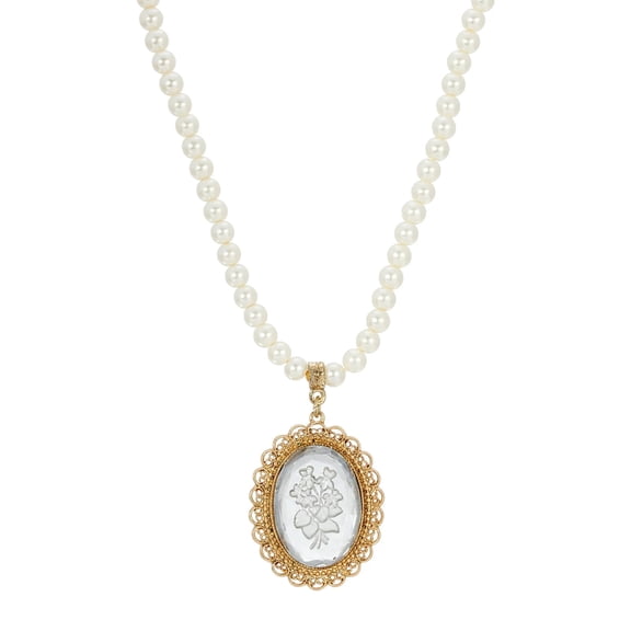 1928 Jewelry Women's Clear Glass Engraved Flowers 5mm Faux Pearl Strand Pendant Necklace, 15" + 3" Extender
