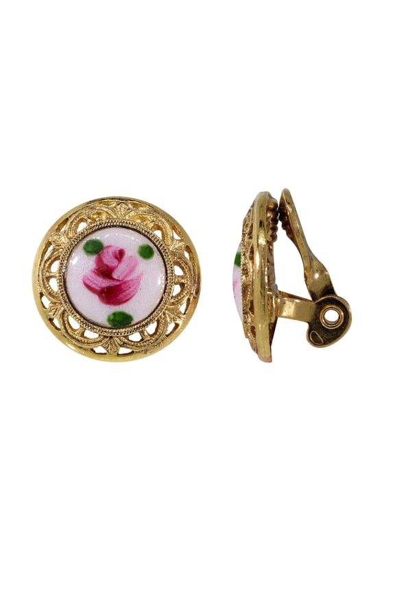 1928 Jewelry Women's Flower Decal Stone Round Clip On Earrings