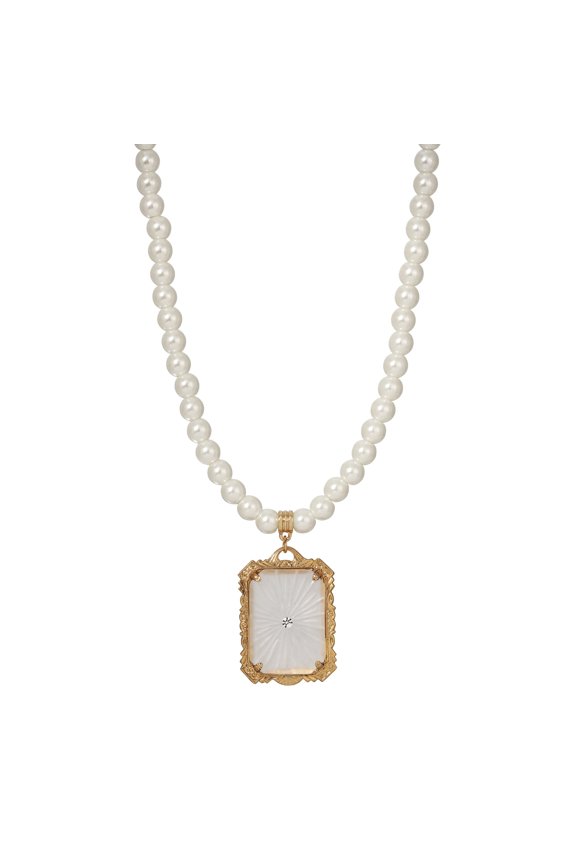 1928 Jewelry Women's Frosted Lalique Glass Pendant 6mm Faux Pearl Strand Necklace 16" + 3" Extender