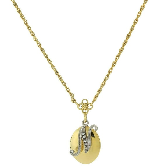 1928 Jewelry Women's Gold And Silver Tone Crystal Initial N Locket Necklace, 16" + 3" Extender