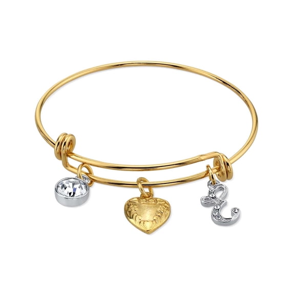 1928 Jewelry Gold Heart Initial Crystal Charm Bangle Bracelet, 2.5"Letter E