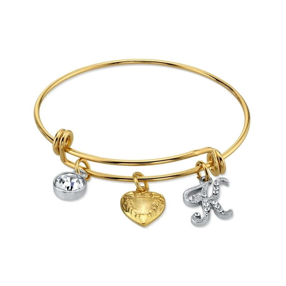 1928 Jewelry Gold Heart Initial Crystal Charm Bangle Bracelet, 2.5"Letter K