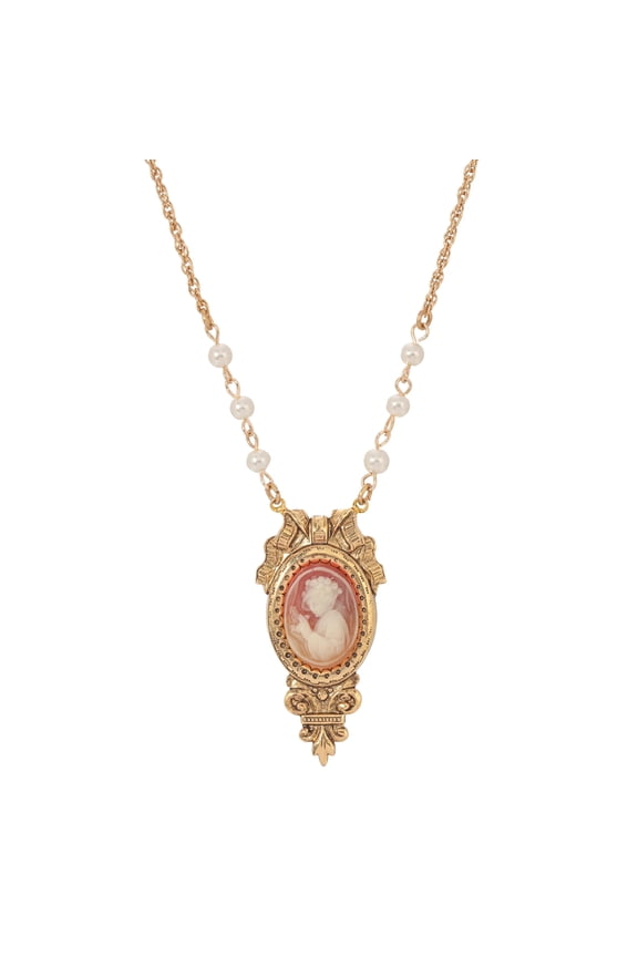 1928 Jewelry Women's Gold Tone Carnelian Orange Cameo Faux Pearl Pendant Necklace 18 Inch