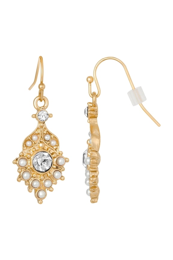 1928 Jewelry Women's Gold Tone Deco Lux Faux Pearl Crystal Drop Earrings
