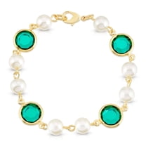 1928 Jewelry Women's Gold Tone Emerald Green Austrian Channel Crystal Faux Pearl Link Bracelet, 7.5"