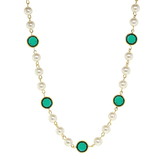 1928 Jewelry Women's Gold Tone Emerald Green Austrian Channel Crystal Faux Pearl Pendant Necklace 16" + 3" Extender