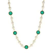 1928 Jewelry Women's Gold Tone Emerald Green Austrian Channel Crystal Faux Pearl Pendant Necklace 16" 3" Extender