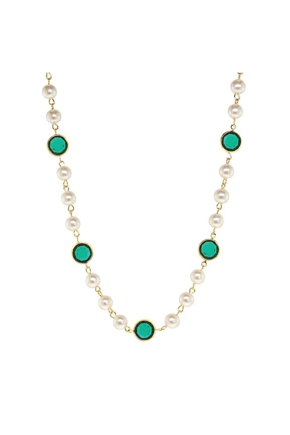 1928 Jewelry Women's Gold Tone Emerald Green Austrian Channel Crystal Faux Pearl Pendant Necklace 16" + 3" Extender
