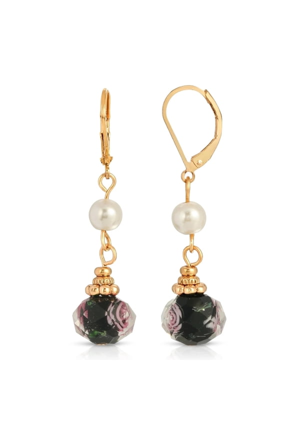 1928 Jewelry Women's Gold Tone Faux Pearl And Black Bel Fiore Drop Bead Earrings