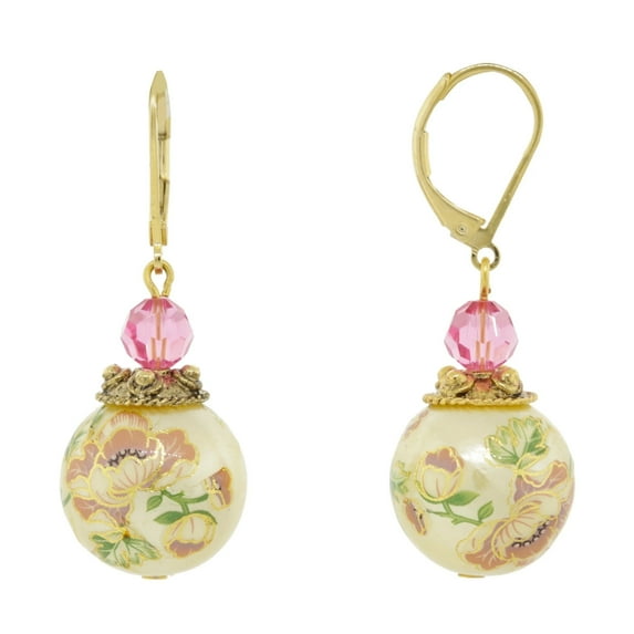 1928 Jewelry Women's Gold Tone Flower Decal Faux Pearl With Pink Crystal Drop Earring