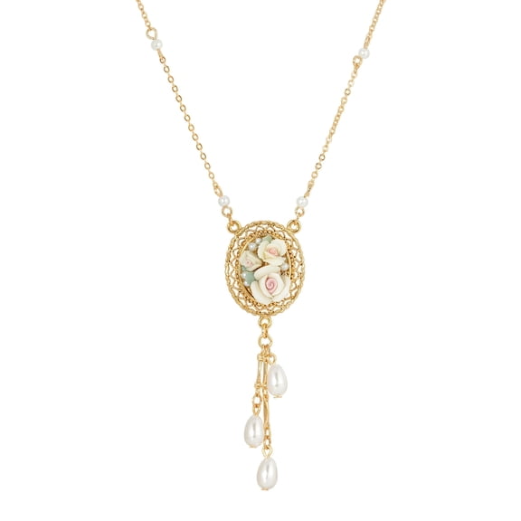 1928 Jewelry Women's Gold Tone Ivory Porcelain Roses Oval Filigree Pendant Faux Pearl Drops Necklace 16" + 3" Extender