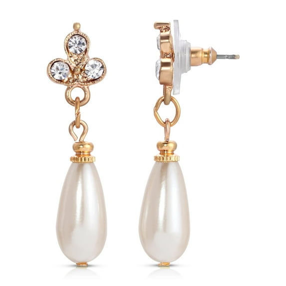 1928 Jewelry Women's Gold Tone Kaia Faux Pearl Crystal Post Drop Earrings
