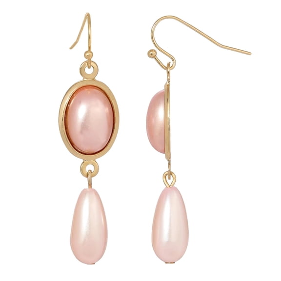 1928 Jewelry Women's Gold Tone Oval Raspberry Stone & Pink Teardrop Faux Pearl Drop Earrings
