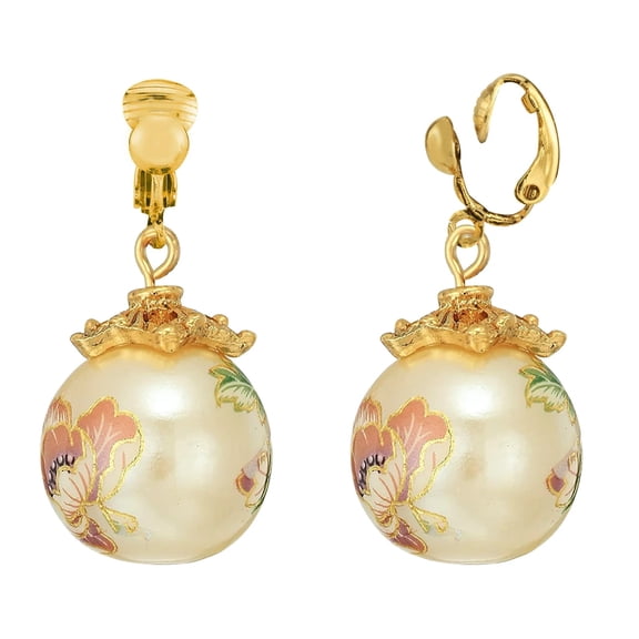 1928 Jewelry Women's Gold Tone Pink Floral Faux Pearl Decal Drop Clip On Earrings