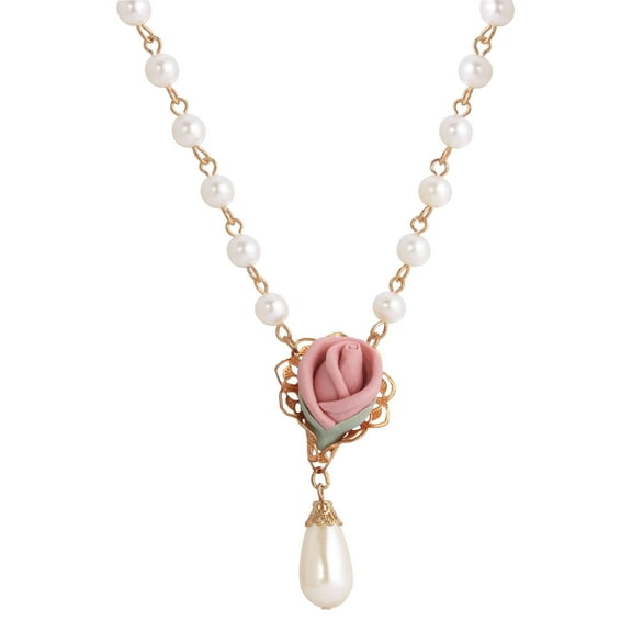 1928 Jewelry Women's Gold Tone Pink Porcelain Rose Bud Faux Pearl Pendant Necklace 15" + 3" Extension