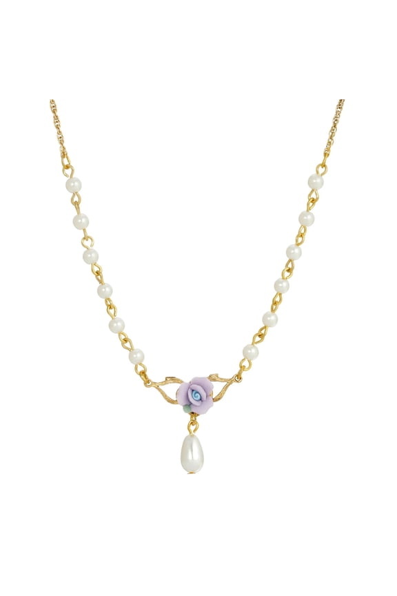 1928 Jewelry Women's Gold Tone Porcelain Rose 4mm Faux Pearl Drop Pendant Necklace 16" + 3" Extender