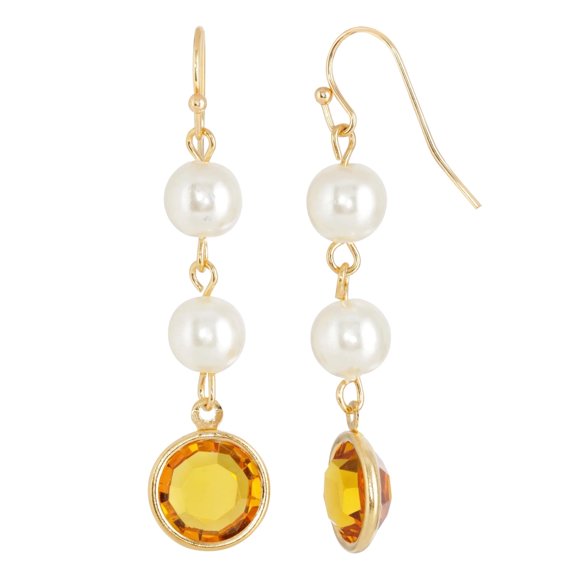 1928 Jewelry Women's Gold Tone Topaz Austrian Channel Crystal Faux Pearl Linear Drop Earrings