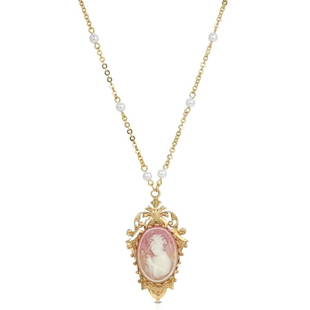 1928 Jewelry Women's Victorian Pink Carnelian Cameo Faux Pearl Gold Tone Pendant Necklace, 24"