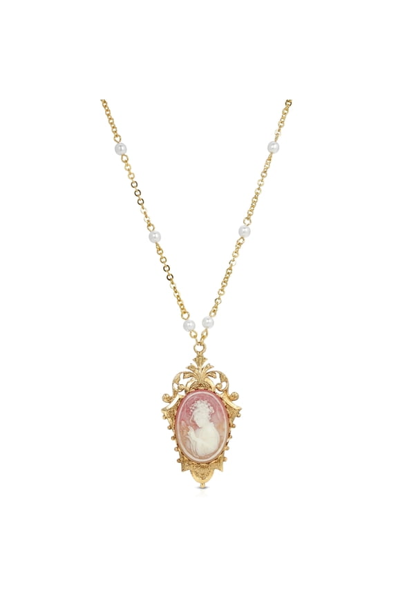 1928 Jewelry Women's Victorian Pink Carnelian Cameo Faux Pearl Gold Tone Pendant Necklace, 24"