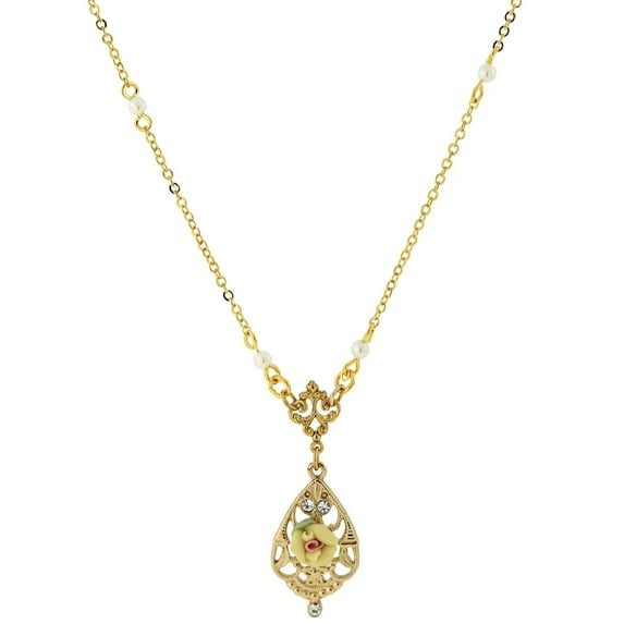 1928 Jewelry Women's Gold Tone Yellow Porcelain Rose Pendant Faux Pearl Accent Vintage Style Necklace 17"