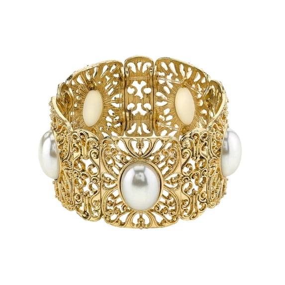 1928 Jewelry Women's Intricate Filigree Oval White High Dome Faceted Stone Stretch Bracelet