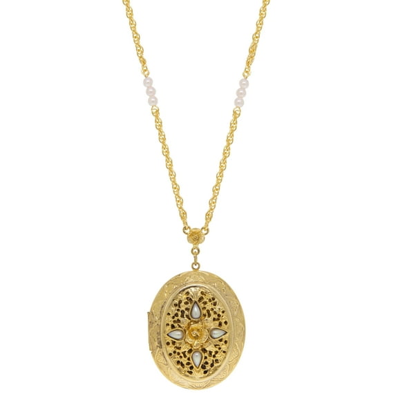 1928 Jewelry Women's Oval Flower & Faux Pearl Two Picture Locket Necklace 30"