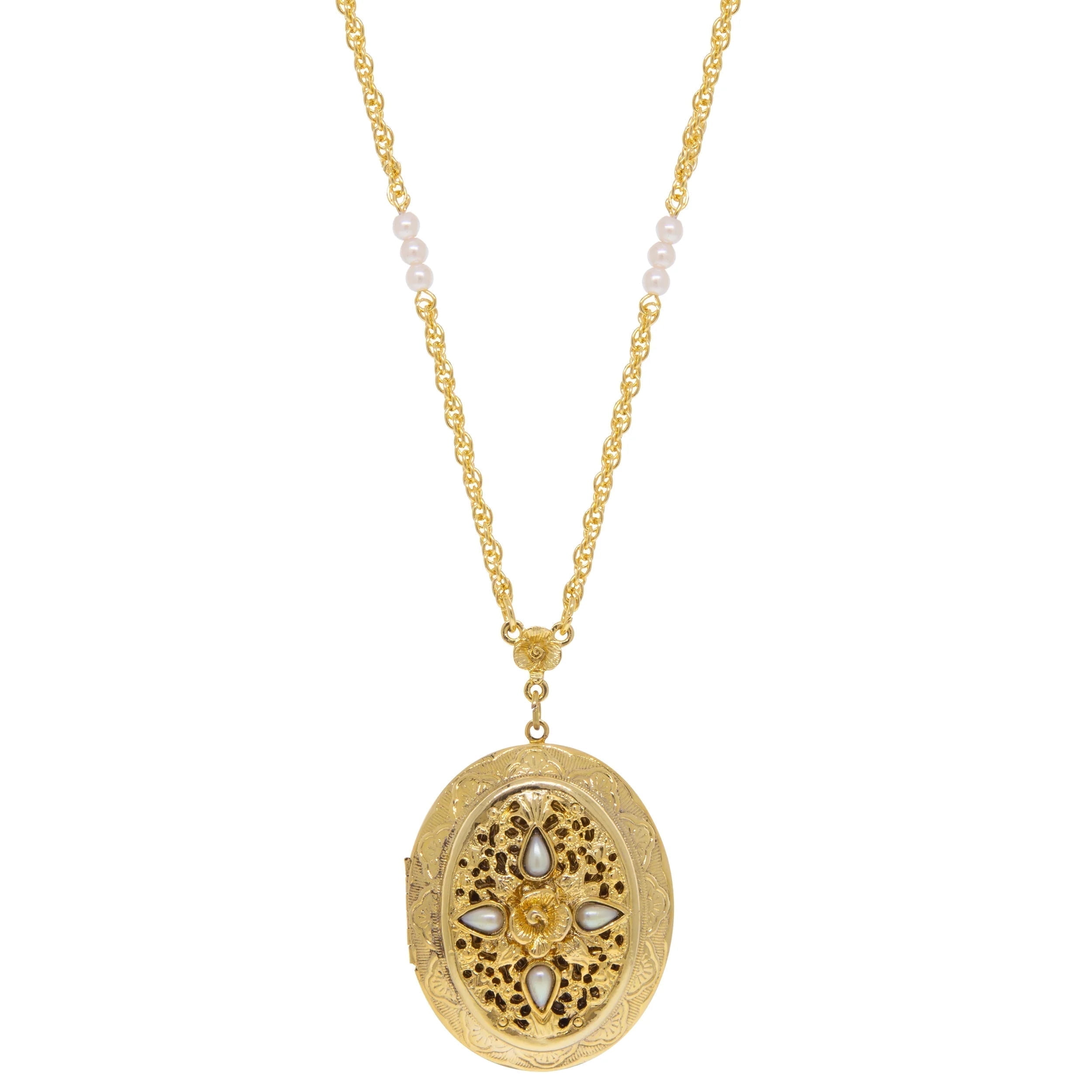 1928 JEWELRY COMPANY 1928 Jewelry Oval Flower Faux Pearl Locket Necklace with Gold Dipped Chain, 30 in (Women's)