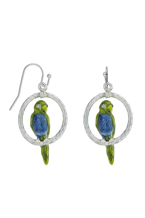 1928 Jewelry Women's Pewter Hoops With Blue & Green Enamel Parrot Drop Earrings, 1.5