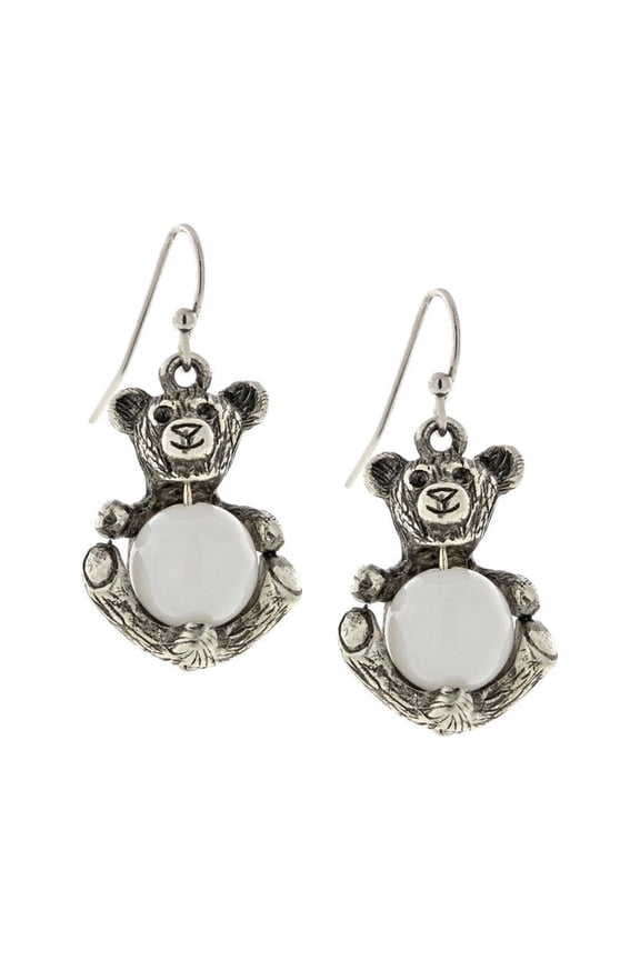 1928 Jewelry Women's Pewter Round Gemstone White Quartz Teddy Bear Wire Earrings, White, One Size
