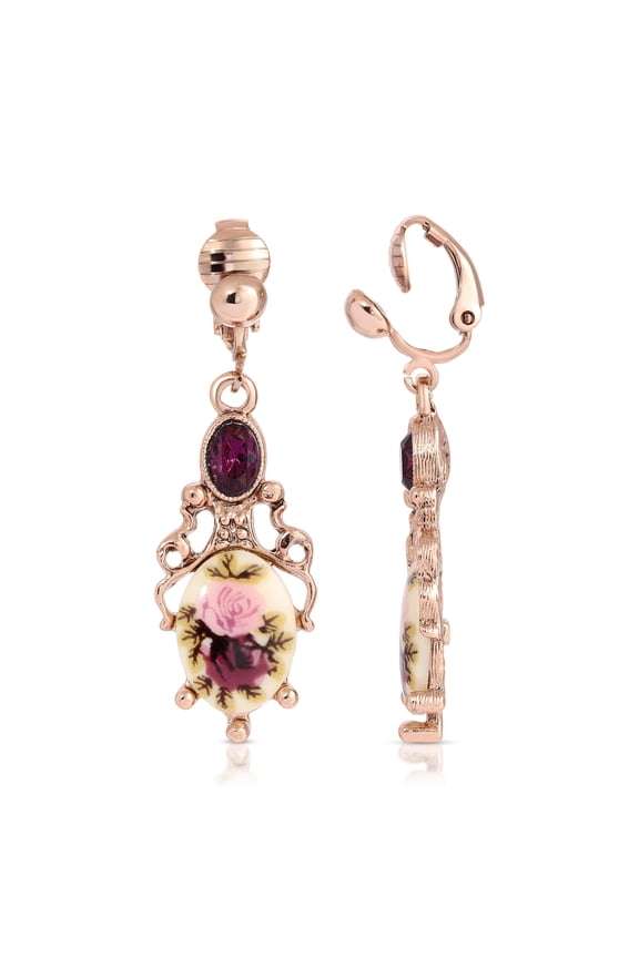 1928 Jewelry Women's Rose Gold Tone Manor House Floral Stone & Purple Crystal Clip On Earrings
