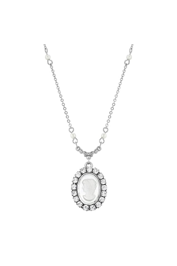 1928 Jewelry Women's Silver Tone Elenor Oval Intaglio Cameo Crystal White Faux Pearl Pendant Necklace 16" + 3" Extender