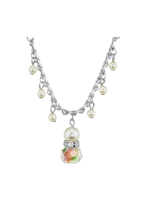 1928 Jewelry Women's Silver Tone Faux Pearl Pink Flower Beaded Drop Pendant Necklace 16" + 3" Extender