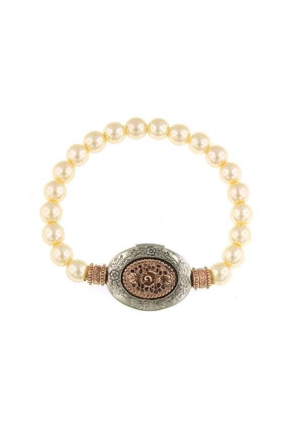 1928 Jewelry Women's Silver Tone Rose Gold-Tone And Faux Pearl Locket Bracelet
