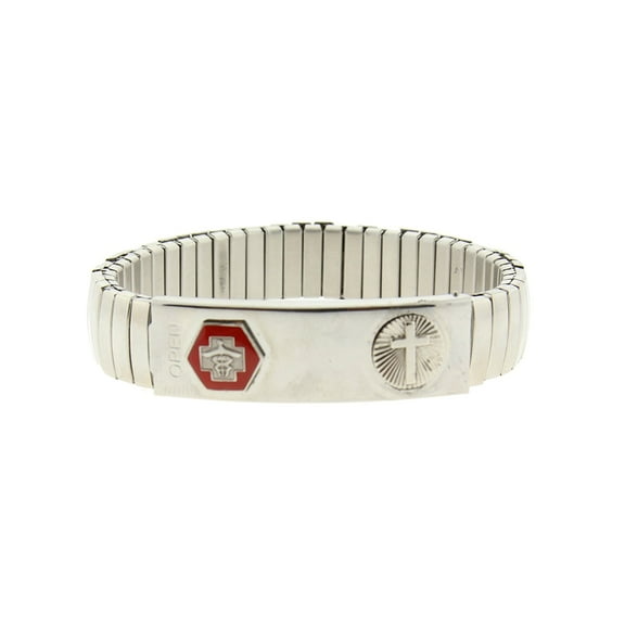 1928 Jewelry Women's Silver Tone Stainless Steel Large Medical Alert Id Stretch Bracelet With Cross