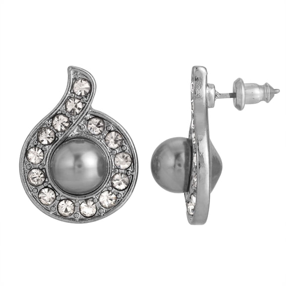 1928 Jewelry Women's Silver Tone Tahitian Grey Faux Pearl Black Diamond Crystal Accent Button Earrings