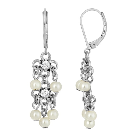 1928 Jewelry Women's Silver Tone White Faux Pearl Crystal Accent Linear Earrings