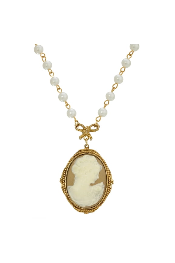 1928 Jewelry Women's Taupe Cameo White Round 6mm Faux Pearl Strand Pendant Necklace 16" + 3" Extender
