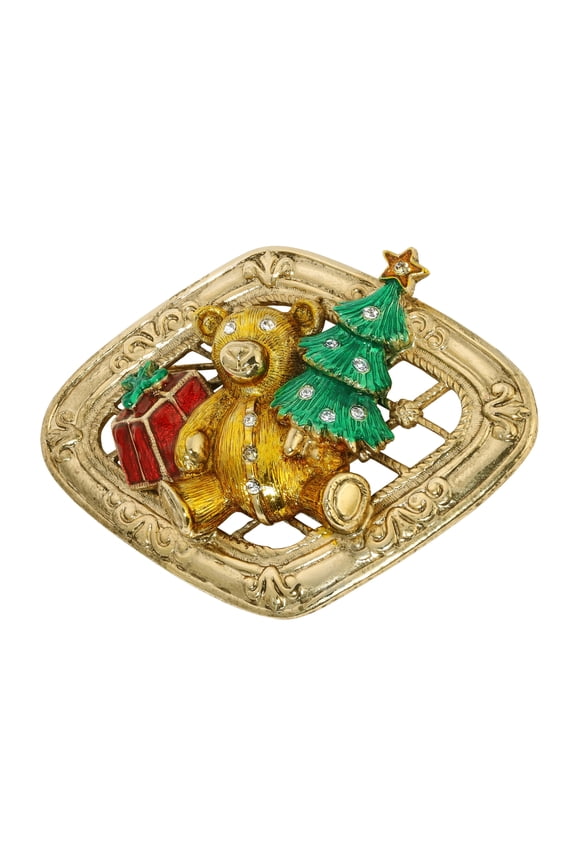 1928 Jewelry Women's Teddy Bear With Christmas Tree & Gift Brooch Pin