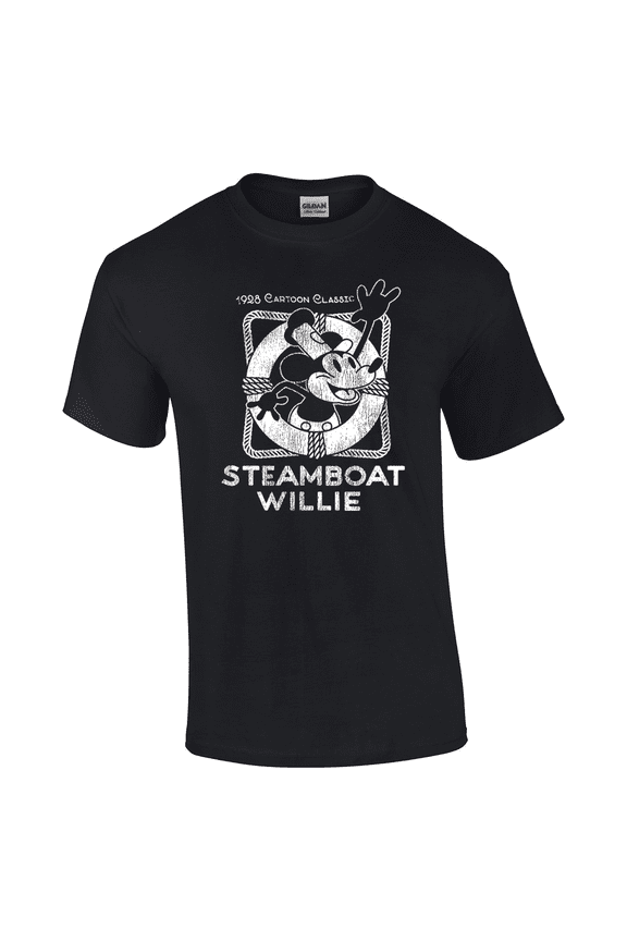 1928 Steamboat Willy Throw Ring Short Sleeve Men's Graphic T-Shirt-Black-small