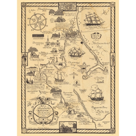 1929 Pictorial Map Of Plymouth Kingston And Duxbury Extra Large XL Wall Art Poster Print