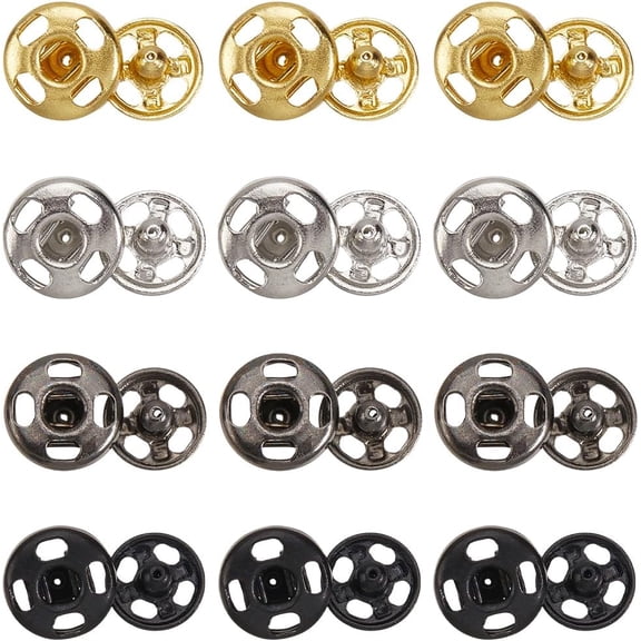 192PCS 4 Colors 6MM Gold Black Silver Gunblack Brass Snap Fastener Button Metal Sew on Press Studs Leather Flat Round Poppers Buttons for Sewing Making Clothing Fabric Decorations Diy Crafts Colorful