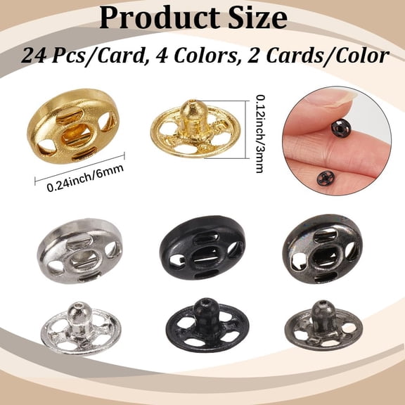 192PCS 4 Colors 6MM Gold Black Silver Gunblack Brass Snap Fastener Button Metal Sew on Press Studs Leather Flat Round Poppers Buttons for Sewing Making Clothing Fabric Decorations Diy Crafts