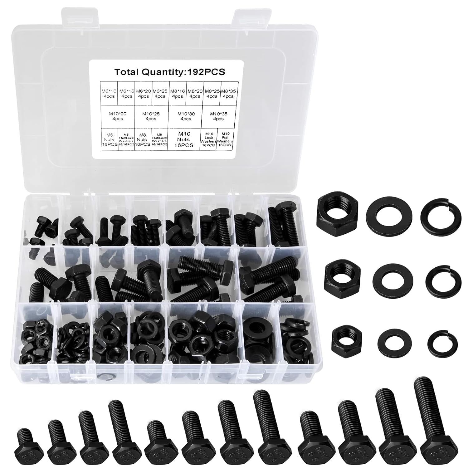 192PCS M6/M8/M10 Nut and Bolt Sets, Hex Head Bolts Nuts and Washers Set