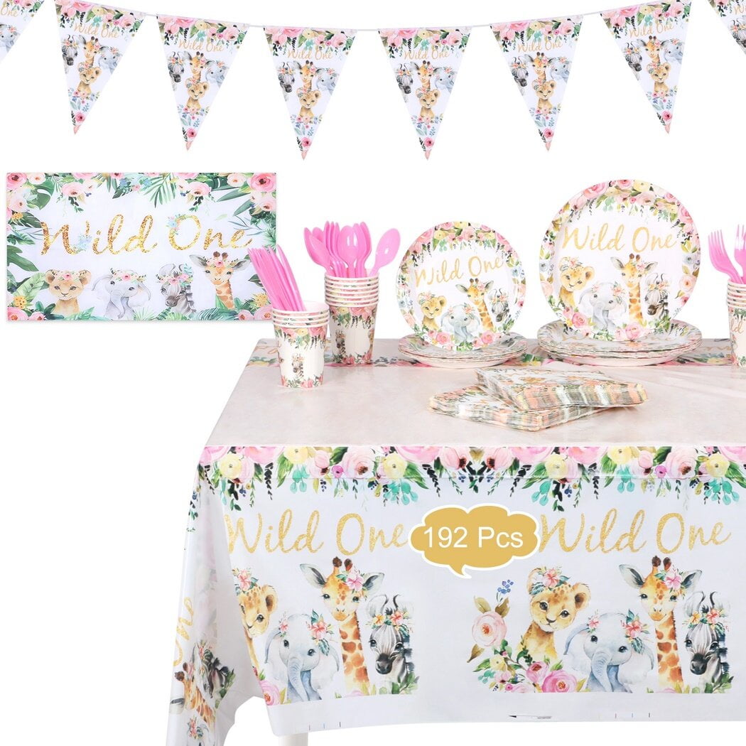 192PCS Safari Theme Party Supplies, Safari Animals Tableware Set Serves