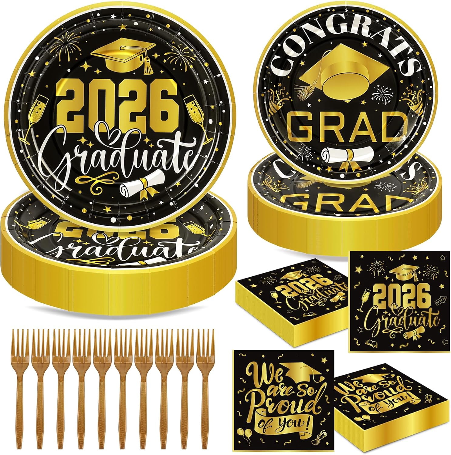 192Pcs 2026 Graduation Plates and Napkins for 48 Guests, Black and Gold ...