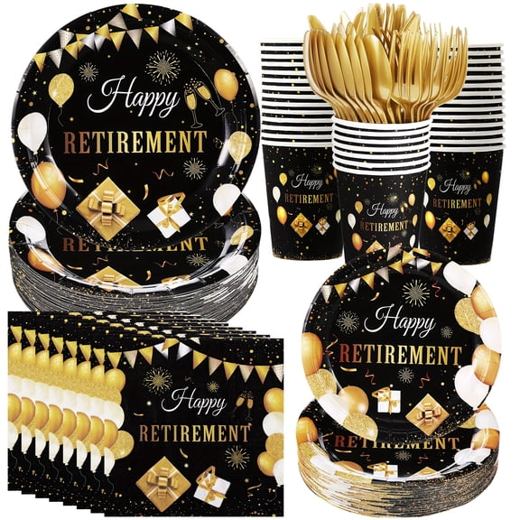 192Pcs Retirement Party Supplies Set, Black & Gold Disposable Tableware with Happy Retirement Banner, Plates Cups Utensils Napkins for 24 Guests, Elegant Decor for Retirement Celebrations
