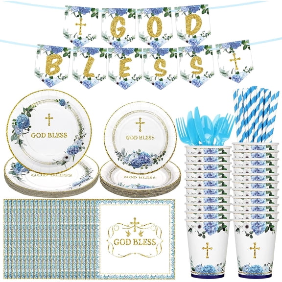 193 Pcs Baptism Plates and Napkins Party Supplies First Holy Communion Decorations Include God Bless Disposable Paper Plates Napkin Banner Cup Straws Plastic Forks Knives Spoons for Baby Shower