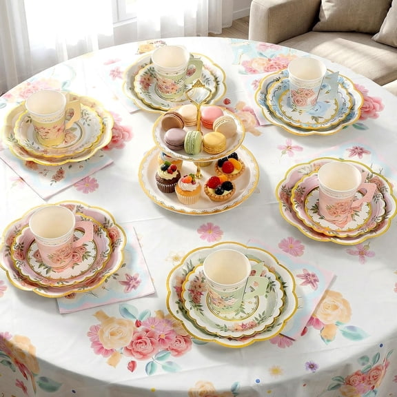 193 Pcs Floral Tea Party Tableware Set for 48 Guests with Paper Cups Plates Napkins and Tablecloth Sweet Style