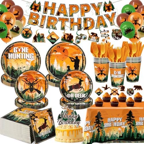 193 Pcs Hunting Plates and Napkins Tableware Set (Serve 24), Camo Hunting Decorations Include Plates Napkins Cups Plastic Forks Knives and Banner, for Gone Hunting Party Supplies$$