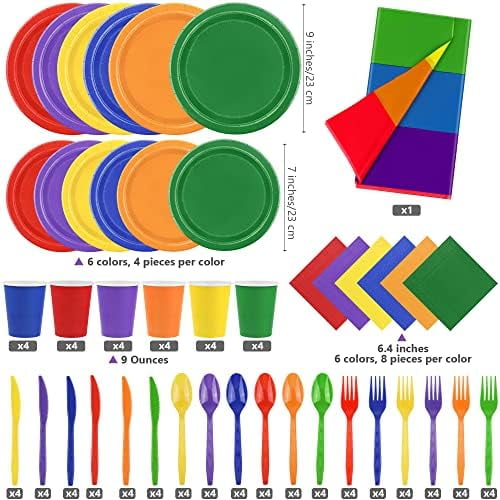 193 Pieces Rainbow Party Supplies Include Disposable Dessert Paper Plates Cups Napkins Forks Knives Spoons Table Cover Serve 24 Guests Dinnerware Cutlery Set for Birthday Wedding Decoration